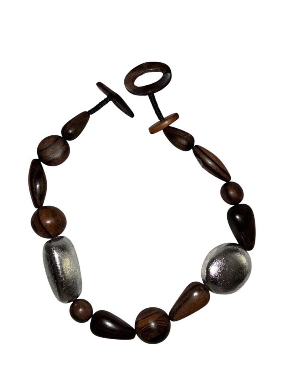 Statement Wood and Silver Bead Necklace